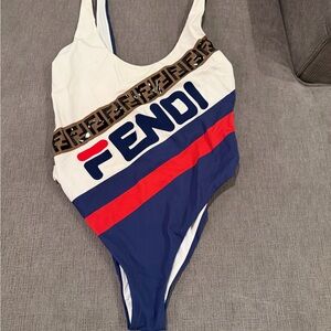 Fendi Fila One Piece Bathing Suit White, Blue, and Red XL